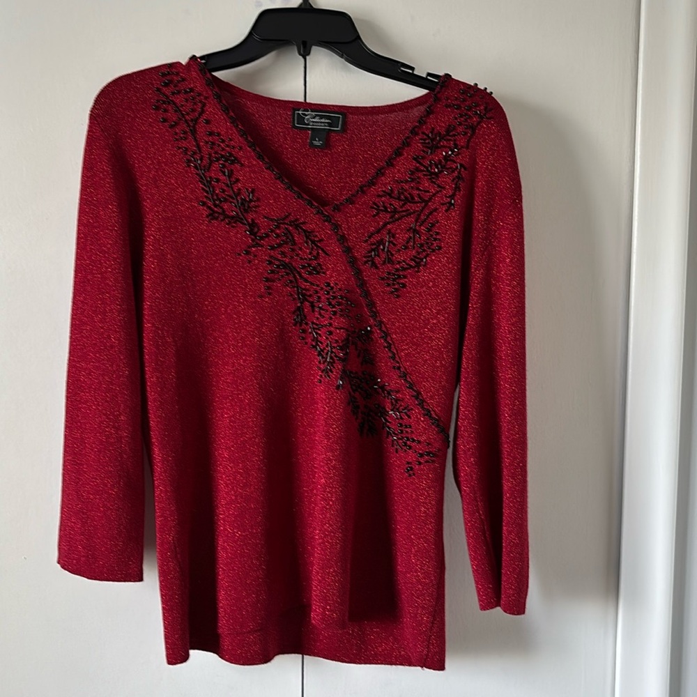 Holiday Red Sweater with Black Beading